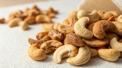 Fototapeta premium Delicious roasted cashews scattered on light surface, perfect for snacking