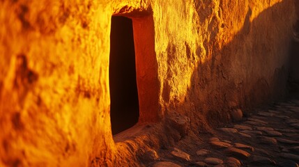 A rustic wall warmly kissed by the golden glow of sunset, with an enigmatic open doorway leading into inviting shadows amidst cobblestones.
