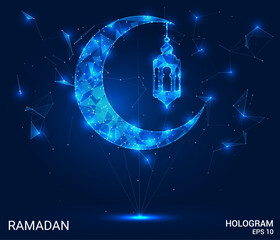 Ramadan hologram. Ramadan is made of polygons, triangles, dots, and lines. Ramadan is a low-poly compound structure. Technology concept vector.
