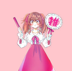 うちわとサイリウムを持って推し活をする女性　怒る　赤