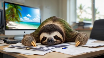 Sloth sleeping on documents at office desk dreaming of vacation