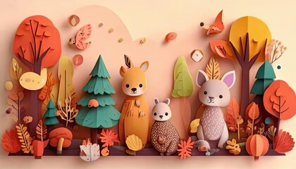 Fototapeta premium Whimsical Autumn Woodland Paper Art