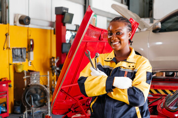 Skilled African female mechanic in a repair shop holds wrenches, smiling confidently. Dressed in a professional uniform, she represents diversity, empowerment, and expertise in the automotive industry