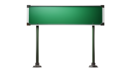 A modern outdoor blank green signboard with metal poles and a minimalist design for displaying information