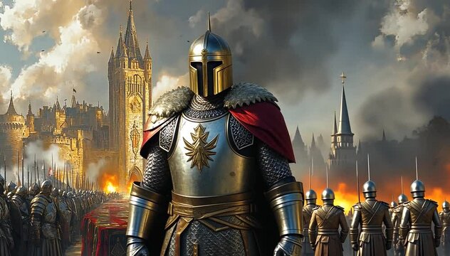 Two armored knights stand resolute in front of a medieval castle, with a battle preparing in the background