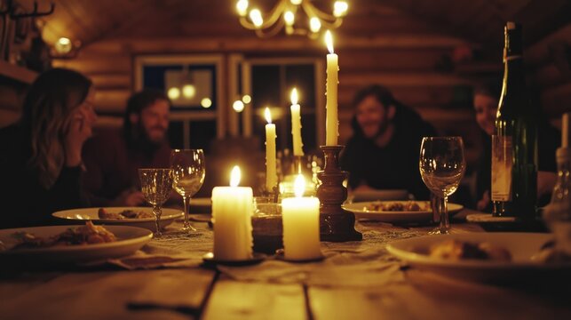 A dimly lit, rustic dining setting gather four friends around candle-lit warmth, exchanging joyous memories.