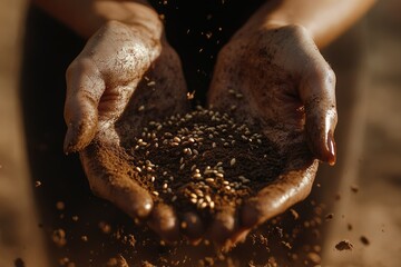 Hands cupped with soil and seeds, representing planting, growth, and agriculture.