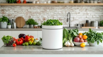 A cozy kitchen scene featuring a softly glowing compost bin nestled among an assortment of fresh fruits and vegetables highlighting eco friendly waste reduction and sustainable living