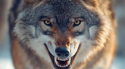 Fototapeta premium European wolf dominance, menacing wolf expression, fierce wolf female, young European wolf, dangerous wolf behavior, wolf eye contact, wolf pack hierarchy.