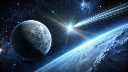 Obraz premium A Comet's Radiant Trail Across a Frozen Planet's Horizon in a Vast, Starry Expanse