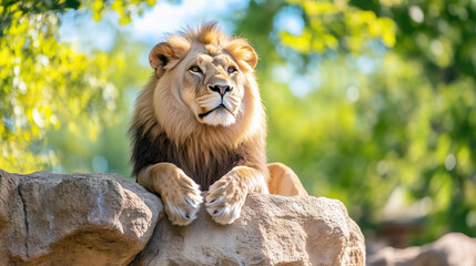 A male lion is sitting on the top of the rock ,looking for his area . He looks so gorgeous.