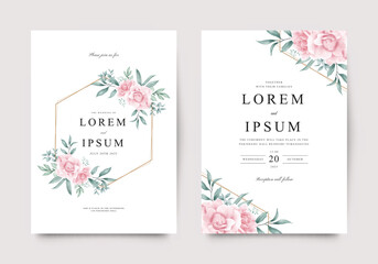 Red rose flowers green leaves arranged wedding invitation template