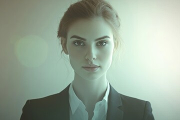Portrait of a young woman in a business suit, serious expression, subtle lighting.
