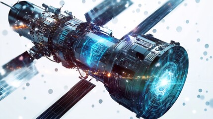 Galaxy exploration featuring spacecraft holographic data projections isolated on white