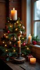 Candles on a small Christmas tree create a cozy nook, rustic charm,