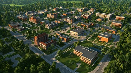 Aerial view of university campus, morning sunlight, green trees, buildings, education