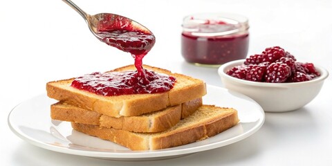 Raspberry jam pouring from spoon on bread toasts in saucer isolated on white background