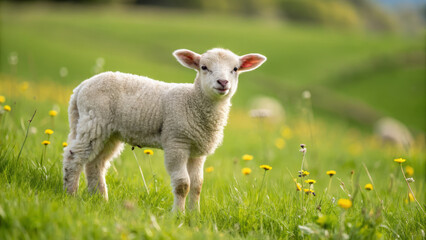Obraz premium Adorable fluffy lamb in green field with flowers, evoking spring joy