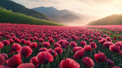 Lush Red Poppy Field with Mountains and Sunrise Light in a Scenic Landscape View