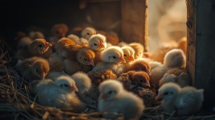 A cluster of fluffy chicks huddles together in warm, golden light; a tender moment of innocence and companionship.