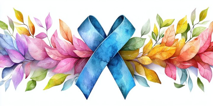 Vibrant watercolor ribbon with colorful autumn leaves for awareness campaign design. Step up for 30 For Bowel Cancer Month