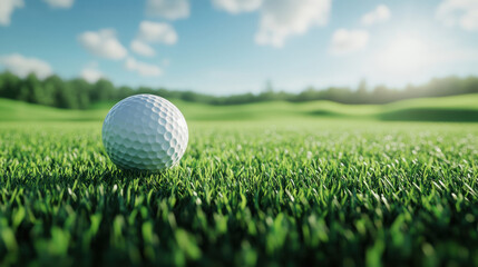 Obraz premium close up view of golf ball resting on lush green grass under bright sky. scene captures essence of sunny day on golf course, evoking sense of tranquility and focus