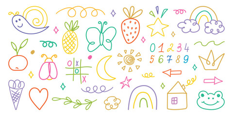 Hand drawn kid crayon illustrations. Children lines icons, arrow, figures, brush, chalk scribble. Pencil or marker underline set. Child geometric abstract elements. Shapes in doodle style. Vector