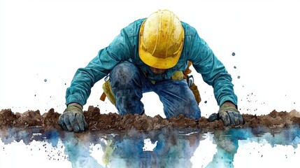 National Safe Digging Month. Construction worker reflecting in water wearing safety gear at work