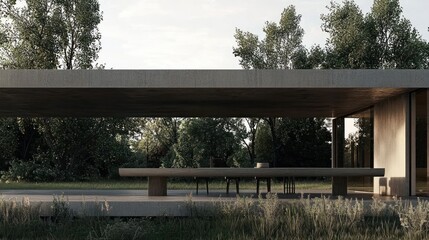 Obraz premium Serene Concrete Pavilion: Minimalist Architectural Design in a Tranquil Natural Setting