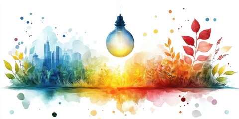 Vibrant light bulb inspiring cityscape and nature watercolor for creative design. International Ideas Month