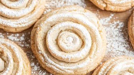 Fototapeta premium Delicious Swirl Sugar Cookies, Powdered Sugar, Sweet Treats, Baked Goods, Closeup