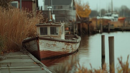 An old, rustic boat tied up at a quaint dock, surrounded by reeds and calm waters, embodies the charm of a quiet harbor.