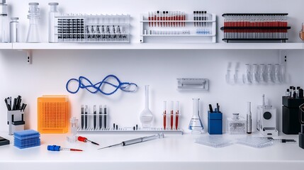 Genetic engineering lab desk featuring DNA sequences pipettes test tube racks white background