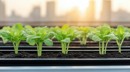 Aerial view of a rooftop hydroponic farm with solar panels integrated into the city skyline showcasing a thriving sustainable urban agricultural business in a modern metropolitan setting