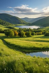 grassy field with a lake and mountains in the distance