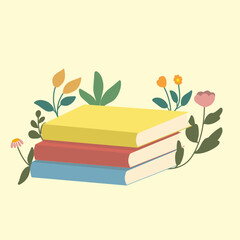 Stack of book on yellow background with flower decoration