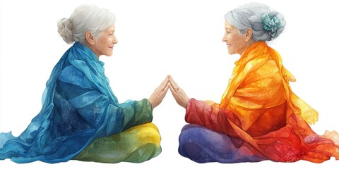 Fototapeta premium Harmony and connection between elderly women in colorful shawls. Catholic Sisters Week