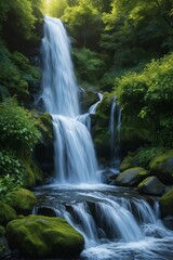 Fototapeta premium waterfall in the middle of a forest with mossy rocks and trees