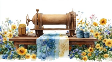 Vintage sewing machine with floral background for craft and textile design. National Textiles Day