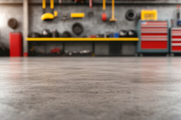 concrete garage floor with blurred background of tools and equipment, creating functional and organized workspace atmosphere