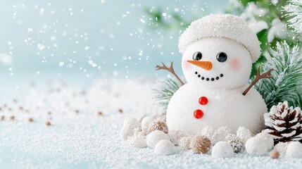 Festive snowman in snowy scene, winter holiday card