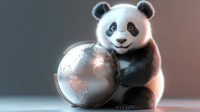 Adorable panda embracing a metallic globe - concept of global wildlife conservation. National Panda Day - Powered by Adobe