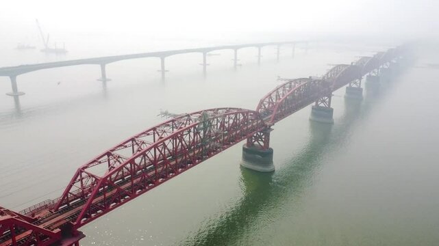 Hardinge Bridge is a Steel Railway Old Bridge over the Padma River in Ishwardi, Pabna, Bangladesh.Hardnge bridge in Foggy Winter morning.