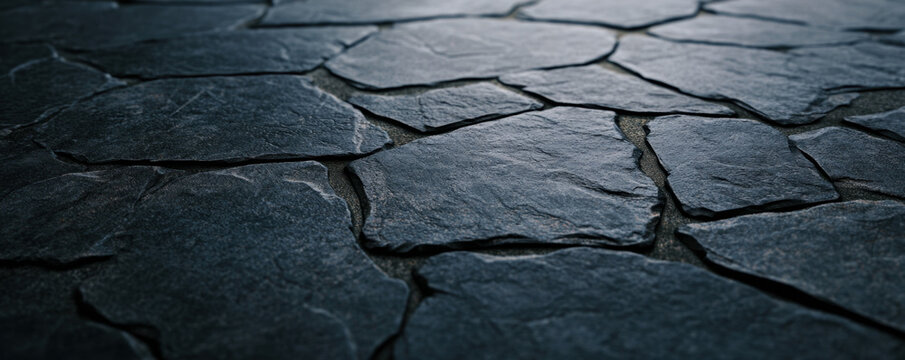 Dark flagstone texture with even lighting, showcasing rugged surface. stone pieces are irregularly shaped, creating natural and earthy feel, perfect for various design applications