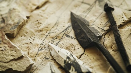 Close-up of ancient stone tools on a textured wooden surface, showcasing intricate details and craftsmanship, representing early human innovation and historical artifacts.
