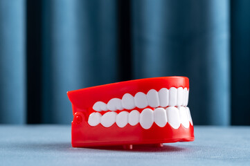 A model of a human on a background of blue curtains.