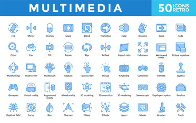 Multimedia icons set with flip, mirror, overlay, mask, blend, transition, fade, dissolve, wipe, slide icon. Simple retro vector 
