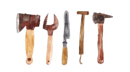 Rustic watercolor painting of vintage farming tools for home decor and art projects. National Woodworking Month