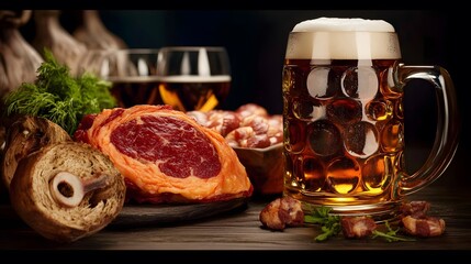 Delicious Roasted Meat and Beer Still Life Photography