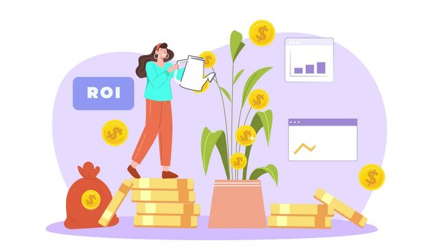 Flat vector scene animation illustrating the concept of ROI, focusing on investment strategies, growth analysis, and visualizing financial returns from different business ventures.